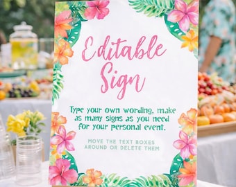 Luau Summer Party Editable Sign Template, Customize for Any Event, INSTANT DOWNLOAD