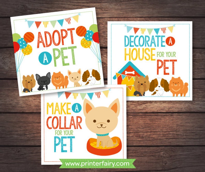 May include: Three printable cards with colorful borders and illustrations of dogs. The cards have the text "Adopt a Pet", "Decorate a House for your Pet", and "Make a Collar for your Pet".