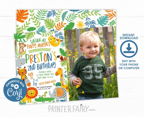 Jungle Birthday Invitation with photo, EDITABLE Invite, Tropical Invite, Zoo Party, Jungle Animals, Lion, Monkey, Sloth, INSTANT DOWNLOAD Il_570xn