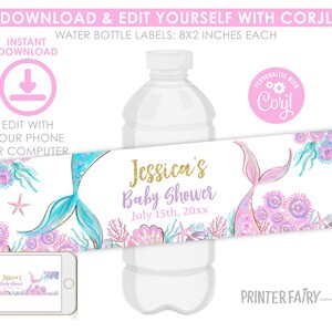 Mermaid Baby Shower Water Bottle Label, Editable Template (Digital Item) image 2