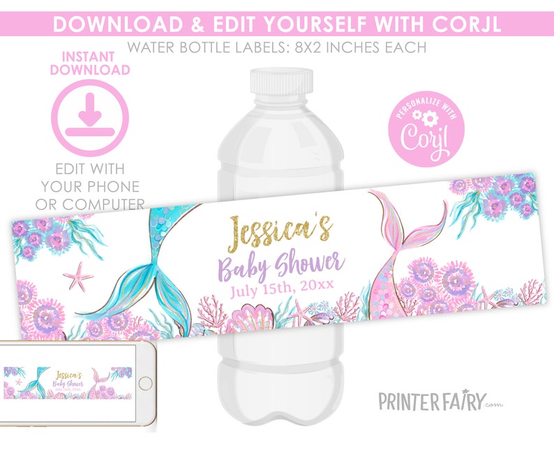 Mermaid Baby Shower Water Bottle Label, Editable Template (Digital Item) image 2
