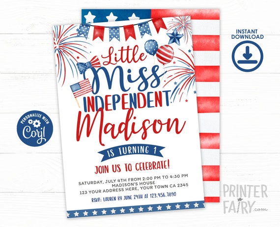 4th of July Birthday Invitation, Little Firecracker Invitation, Miss Indepent Birthday Invitation, Fourth of July Invite, Instant Download Il_570xn