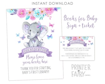 Elephant Books For Baby, Inserts and Sign, Elephant Baby Shower, Girl Baby Shower Activities, Elephant First Birthday, Instant Download