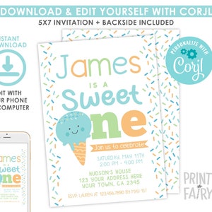 Ice Cream 1st Birthday Invitation, Boy Birthday Invitation, Sprinkles Invitation, Ice Cream Birthday Party, EDITABLE, Instant Download