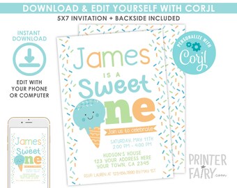 Ice Cream 1st Birthday Invitation, Boy Birthday Invitation, Sprinkles Invitation, Ice Cream Birthday Party, EDITABLE, Instant Download