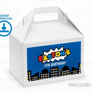 Etiqueta para caixa de aniversário de super-herói, editável, caixa de lembrancinhas para festa de super-heróis, etiquetas para caixa de lembrancinhas para festa de aniversário em quadrinhos, caixa de festa de super-heróis