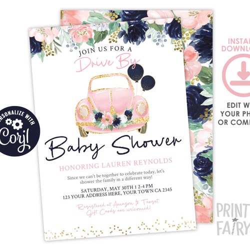 Drive by Baby Shower Invitation Girl Succulents Editable Etsy