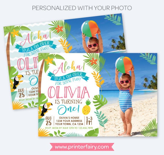 Luau First Birthday Girl Invitation with Photo, Hawaiian Birthday Party, Summer Birthday Party, Personalized Digital Invitation, 2 options Il_570xn