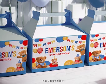 Bear Birthday Party Favor Box Label, Editable Gable Box (Digital Item)