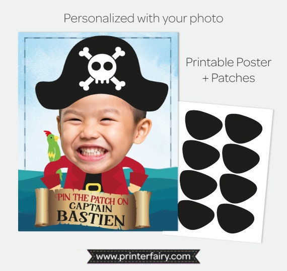 Pin the Patch on the Pirate Game, Personalized Game with Photo and name, Pirate Birthday Party Decorations, Printable Digital Poster Il_570xn
