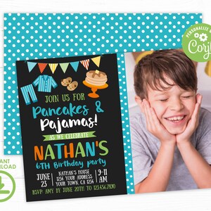 Pancakes and Pajamas Birthday Invitation with Photo, EDITABLE Invite, Pajama Party Invitation, Slumber Party Invitation, INSTANT DOWNLOAD