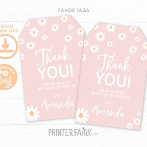 Daisy Favor Tags, EDITABLE Daisy Birthday Party, Floral Birthday Invitation, Flower Birthday Party, Daisy Thank You Tag INSTANT DOWNLOAD