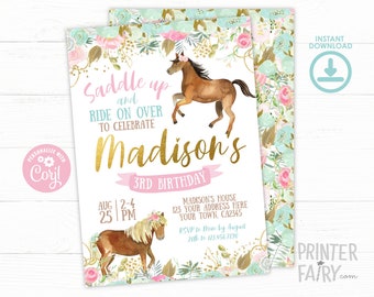 Horse Birthday Invitation, EDITABLE, Girl Birthday Invitation, Floral Birthday Party, Cowgirl Invitation, Horse Birthday, INSTANT DOWNLOAD