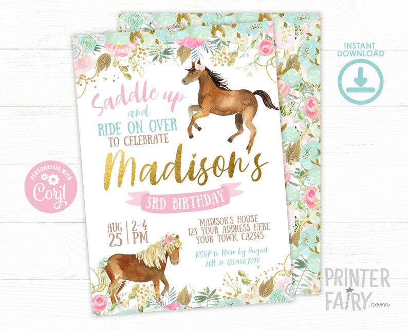 Horse Birthday Invitation EDITABLE Girl Birthday Invitation Etsy
