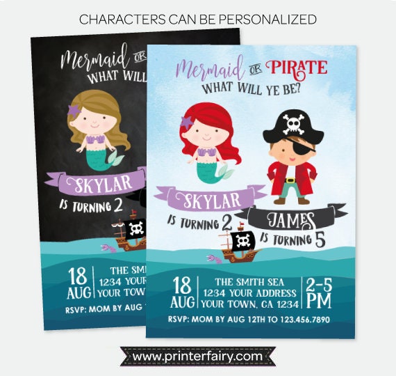 Mermaid and Pirate Invitation, Sibling Birthday Invitation, Under the Sea Birthday Party, Personalized Invitation, 2 options Il_570xn