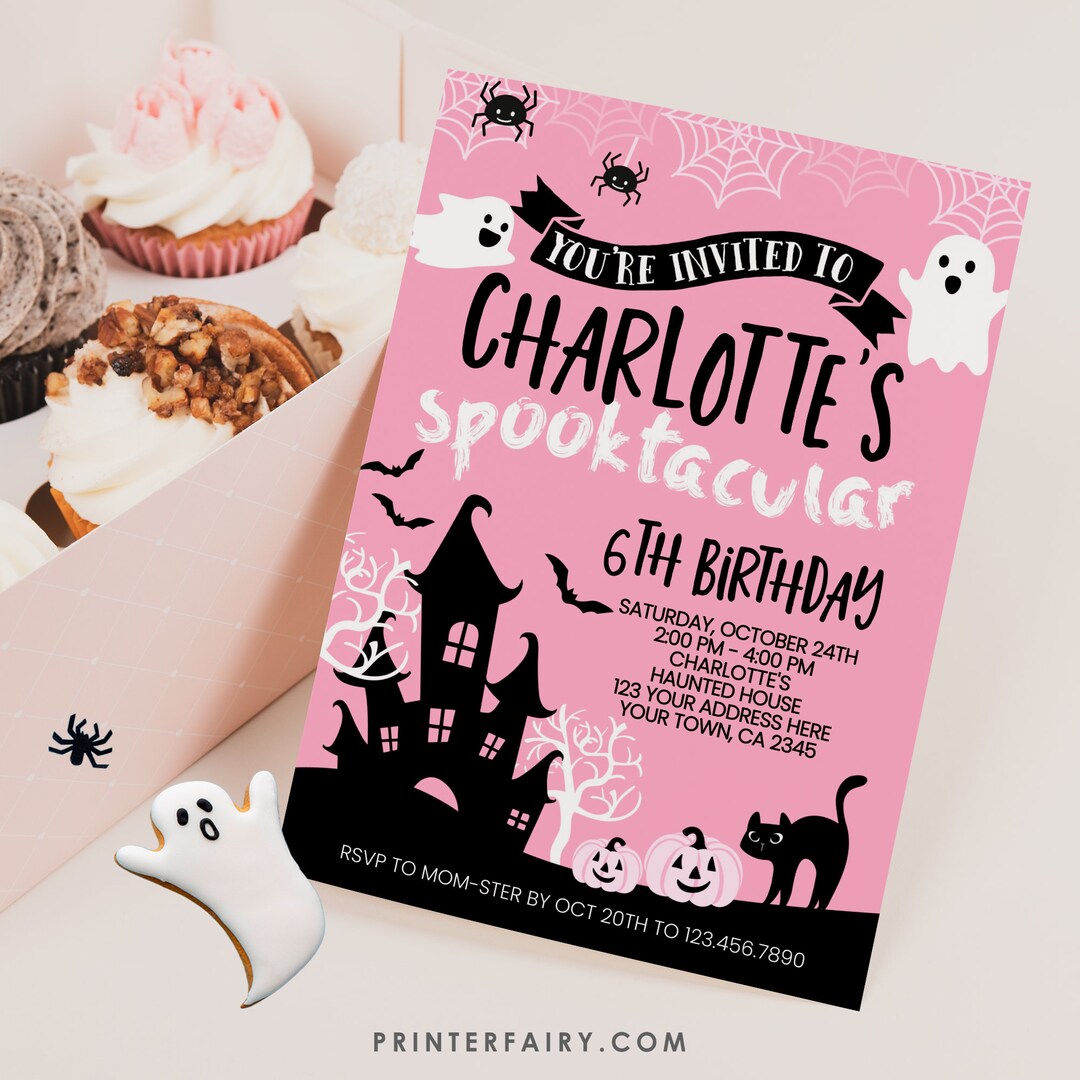 Pink Halloween Birthday Invitation, EDITABLE, Spooktacular Birthday