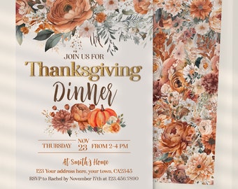 Editable 'Let's Gather' Thanksgiving Invitation - Celebrate with a Little Pumpkin Floral Theme for a Modern Friendsgiving Dinner