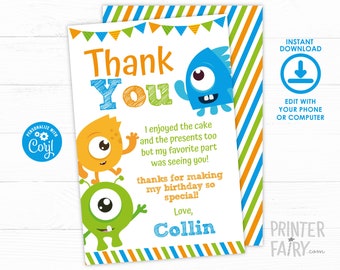 Little Monster Thank you cards, EDITABLE Thank You Notes, Little Monster 1st Birthday Party, Monster thank you card, Instant Download