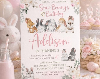 Bunny Birthday Party Invitation Editable Template for any age, edit all the wording, INSTANT DOWNLOAD