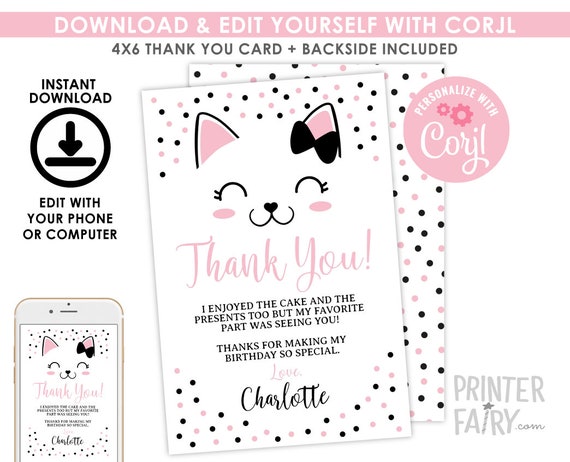 Kitty Cat Thank You Cards, EDITABLE, Kitty Birthday Party, Cat Thank You Cards, Kitty Cat Party, Thank You Notes, DIGITAL, Instant Download Il_570xn