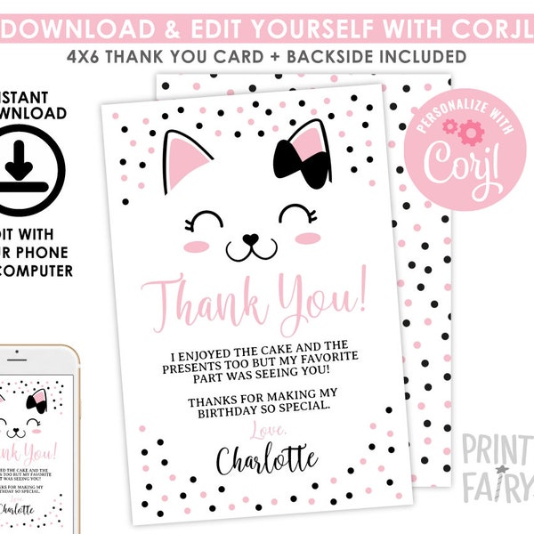 Kitty Cat Thank You Cards, EDITABLE, Kitty Birthday Party, Cat Thank You Cards, Kitty Cat Party, Thank You Notes, DIGITAL, Instant Download