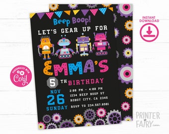 Robot Birthday Invitation, Robot Party, Beep Boop Invitation, Retro Robot, EDITABLE Invitation, INSTANT DOWNLOAD