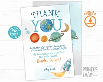 Outer Space Birthday Thank You Card, Editable Template, Planets Rocket Ship Party Thank You Card, Galaxy Birthday Party Thank You Cards