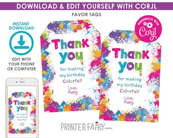 Art Favor Tags, EDITABLE, Art Party Favor Tags, Painting Birthday Party, Art Birthday, EDIT YOURSELF Digital, Instant Download