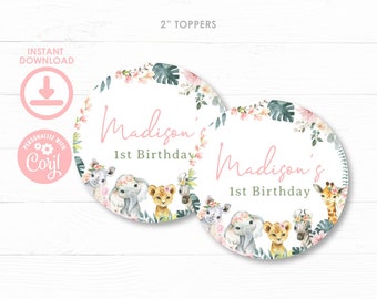 Wild One Toppers, EDITABLE Jungle Toppers, Safari Thank You Tags, Girl Birthday, Floral Jungle, Baby Shower Tags, Stickers, INSTANT DOWNLOAD