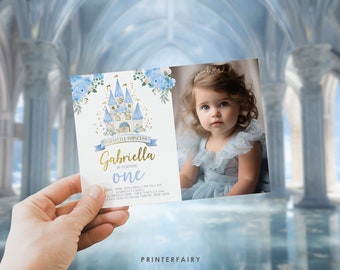 Princess Birthday Photo Invitation, Blue Princess Castle, First Birthday Invite with Photo, Editable in Corjl