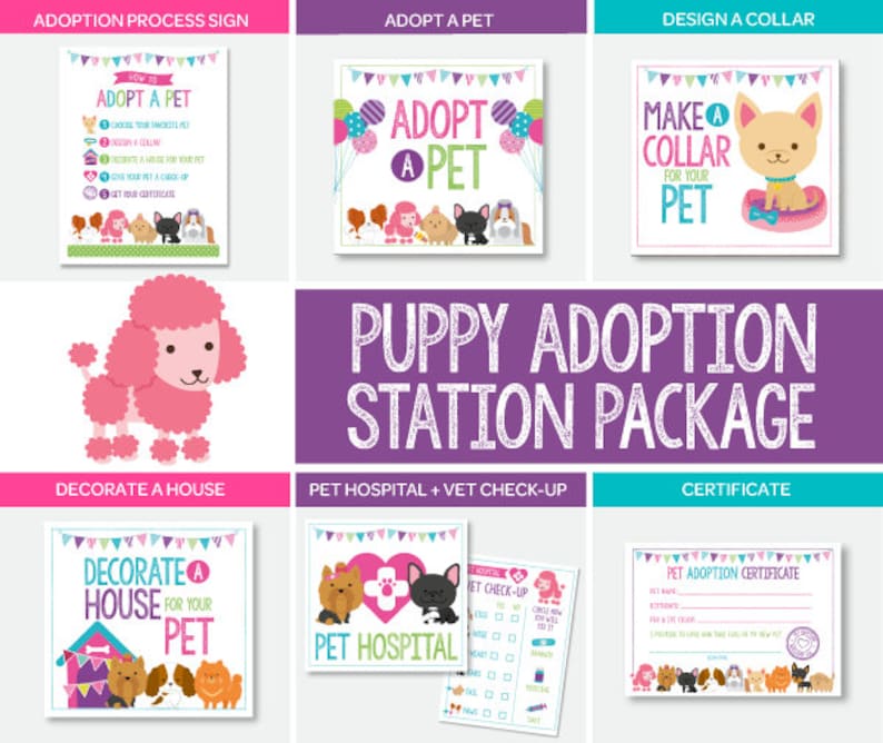 Pet Adoption Station Party Package, Puppy Adoption Party, Puppy birthday, Digital files, 7 1 printable Signs, Instant download image 1