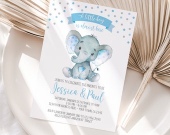 EDITABLE Elephant Baby Shower Invitation, Boy Baby Shower, Jungle Safari Baby Shower Invitation, Polkadots, EDIT YOURSELF Digital Invite