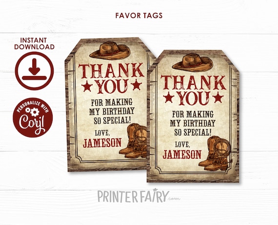 Western Birthday Favor Tags, EDITABLE tags, Cowboy Birthday, Wild West Party, Thank You Tags, Birthday Decorations, INSTANT DOWNLOAD Il_570xn