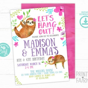 Sloth Invitation, EDITABLE, Siblings Invitation, Sloth Birthday Party, Jungle Invitation, Any age, EDIT YOURSELF Digital Invite image 1