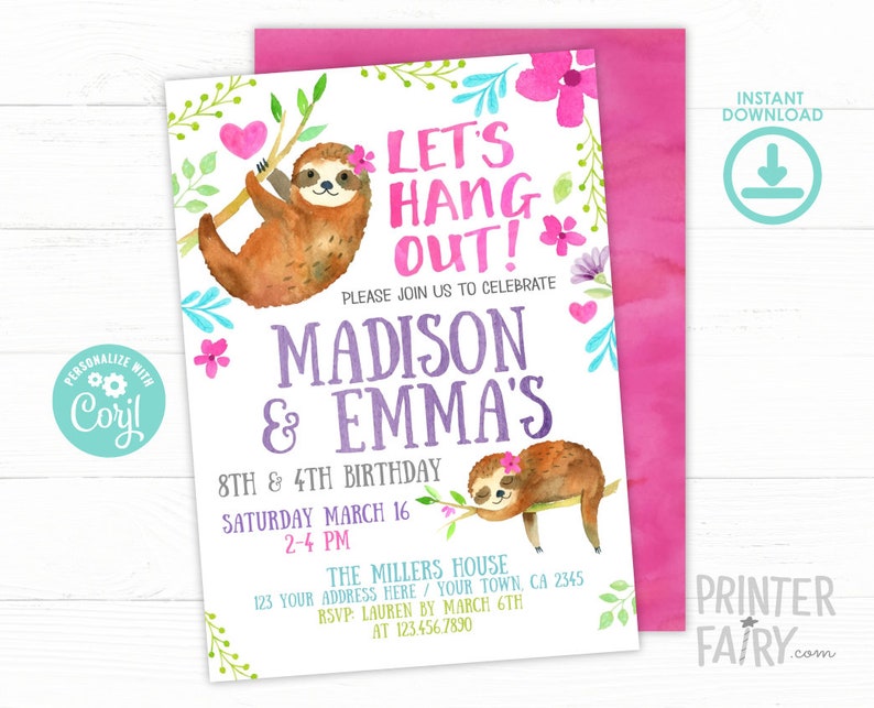 Sloth Invitation, EDITABLE, Siblings Invitation, Sloth Birthday Party, Jungle Invitation, Any age, EDIT YOURSELF Digital Invite image 1