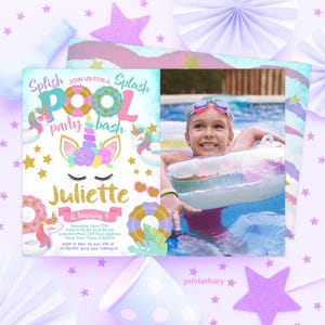 Unicorn Pool Birthday Party Invitation with Photo, EDITABLE, Summer Birthday Party, Splish Splash, Pool Party,  Summer, PoolPartyUnicorn