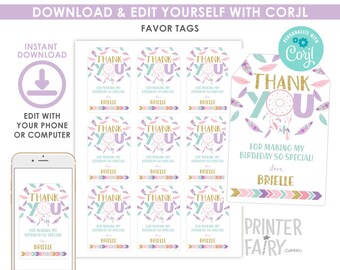 Dreamcatcher Favor Tags, EDITABLE, Dreamcatcher Birthday Party, Wild One, Tribal Favor Labels, Thank You Tags, INSTANT DOWNLOAD