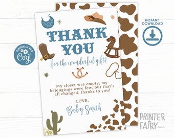 Cowboy Baby Shower Thank You Card, Editable, Rodeo Baby Sprinkle Card, Little Cowboy Baby Shower Party, Wild West Rodeo Ranch Baby Shower