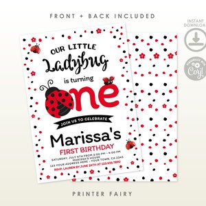 May include: A white invitation with red and black ladybug and polka dot designs. The text reads "Our Little Ladybug is turning one" and announces Marissa's first birthday. Includes RSVP information and a download icon.