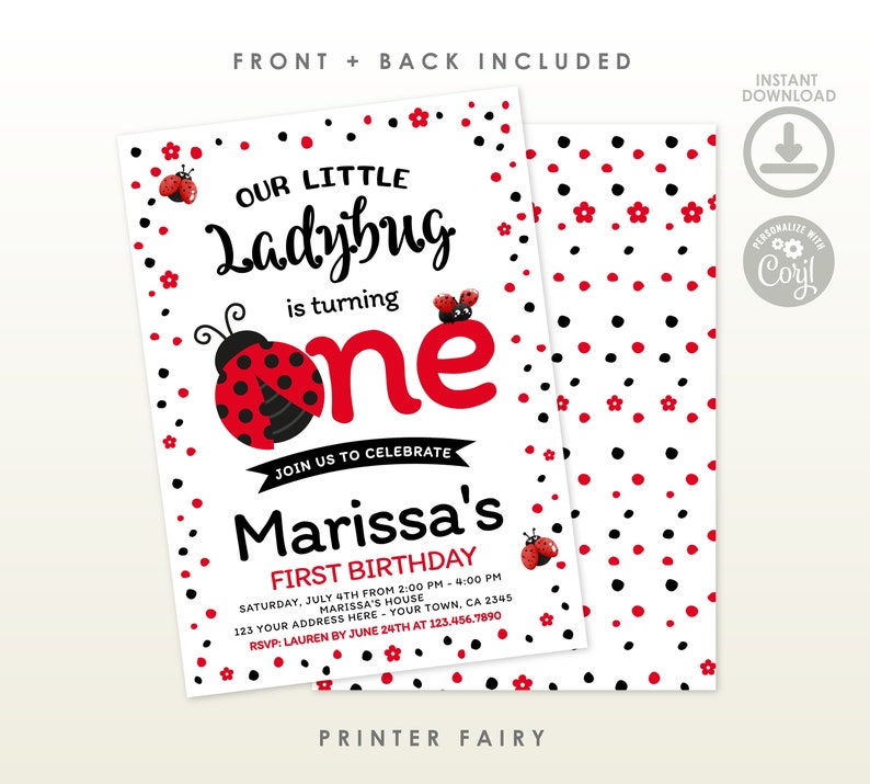 May include: A white invitation with red and black ladybug and polka dot designs. The text reads "Our Little Ladybug is turning one" and announces Marissa's first birthday. Includes RSVP information and a download icon.