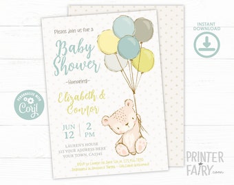 Teddy Bear Baby Shower Invitation, Bear Balloon Invitation, Baby Shower Invitation, Boy Baby Shower Invite, Balloon Invite, INSTANT DOWNLOAD