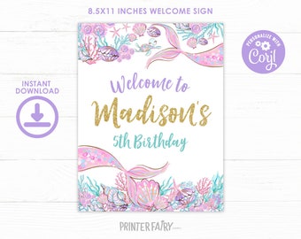 Mermaid Welcome Sign, EDITABLE, Under the Sea Birthday Decorations, Editable Digital Sign, Mermaid Birthday, INSTANT DOWNLOAD