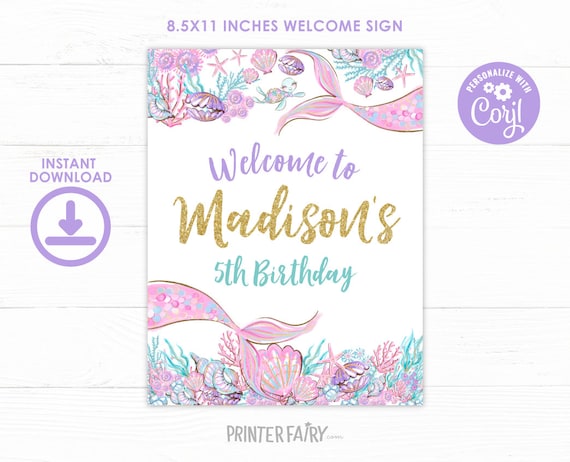 Mermaid Welcome Sign, EDITABLE, Under the Sea Birthday Decorations, Editable Digital Sign, Mermaid Birthday, INSTANT DOWNLOAD Il_570xn