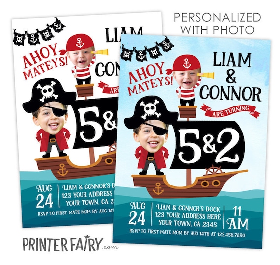 Pirate Birthday Invitation with photo, Siblings Birthday Invitation, Pirate Birthday Party, Pirate Ship Invitation, Personalized Invitation Il_570xn