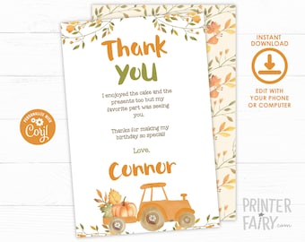 Pumpkin Patch Thank You Cards, EDITABLE, Thanksgiving Thank You Notes, Little Pumpkin Birthday, Pumpkin Thank You Cards, Instant Download