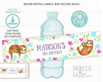 Sloth Water Bottle Labels, EDITABLE, Sloth Birthday Party, Sloth Decorations, Bear Birthday, Jungle Invitation, INSTANT DOWNLOAD