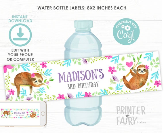 Sloth Water Bottle Labels, EDITABLE, Sloth Birthday Party, Sloth Decorations, Bear Birthday, Jungle Invitation, INSTANT DOWNLOAD Il_570xn