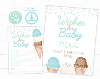 Ice Cream Baby Shower Wishes for Baby, Baby Sprinkle, Ice Cream Cone Watercolor Baby Shower, Boy Baby Sprinkle, Blue Ice Cream Baby Shower