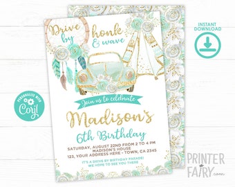 Dreamcatcher Drive By Blue Birthday Invitation, EDITABLE, Tribal Birthday Invite, Dream catcher Parade Invitation, INSTANT DOWNLOAD