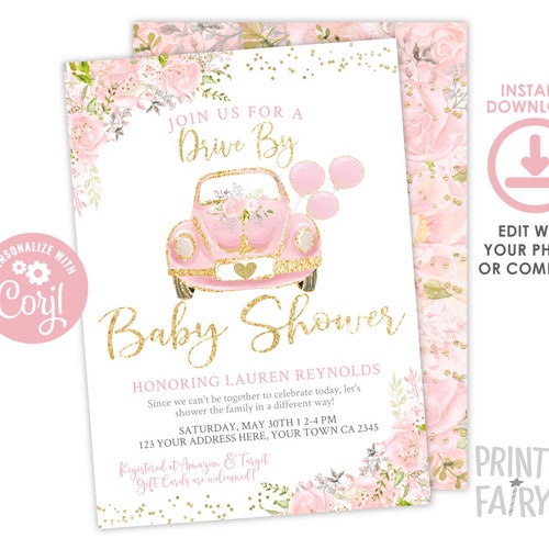 Editable Drive by Baby Shower Invitation Pink Floral Drive Etsy